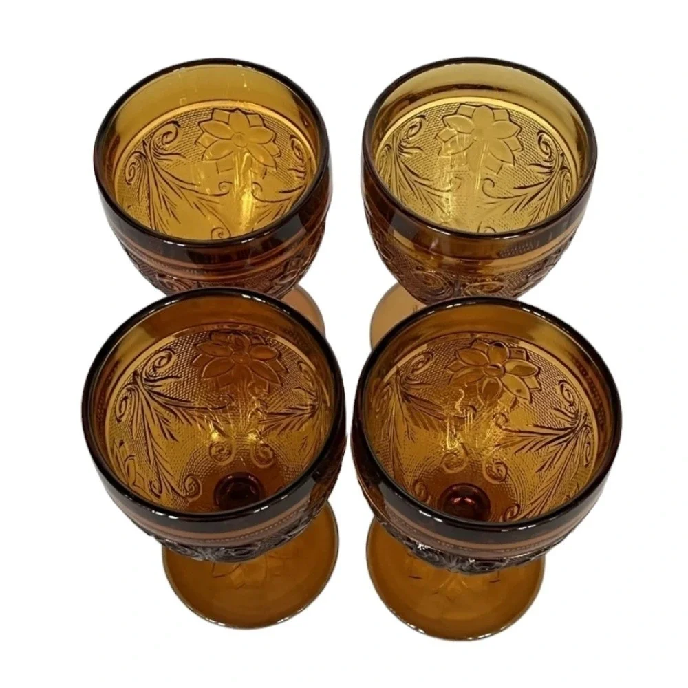 Indiana Glass‎ Tiara Sandwich Amber Water Goblets Set of 4 Floral Embossed MCM